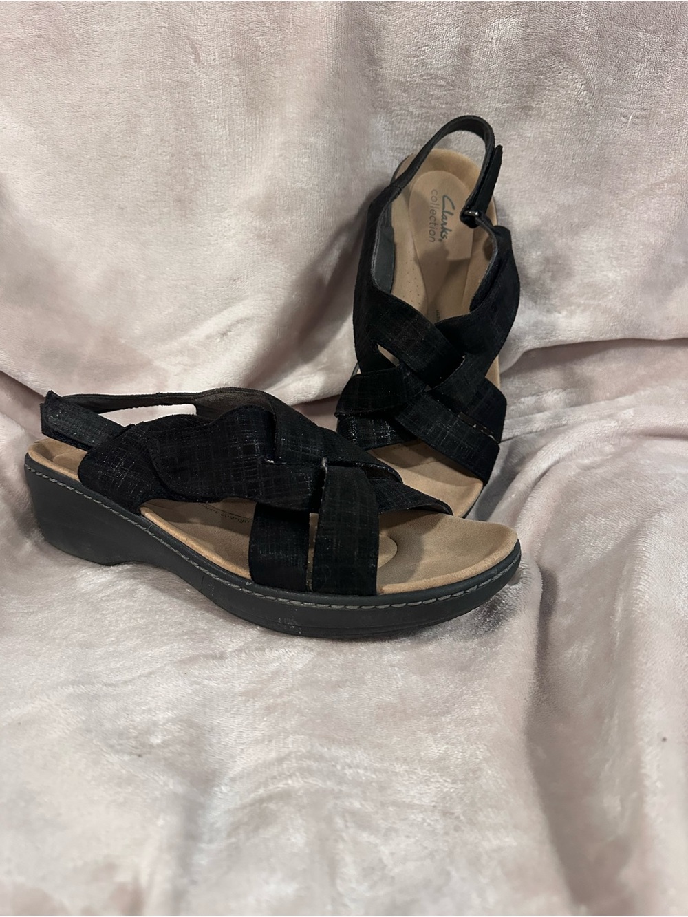Clarks Black Woven Slingback Wedge Sandals